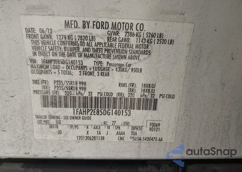 2013 Ford Taurus Sel from USA, damaged, VIN 1FAHP2E85DG140153